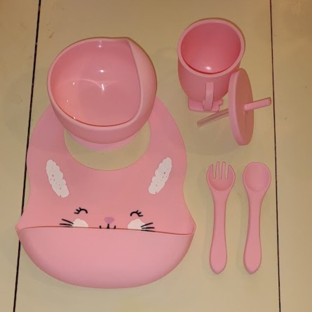 SILICONE, BABY'S FIRST DISHES 6 PIECE SET NEW IN OPEN BOX PINK DISHWASHER SAFE
